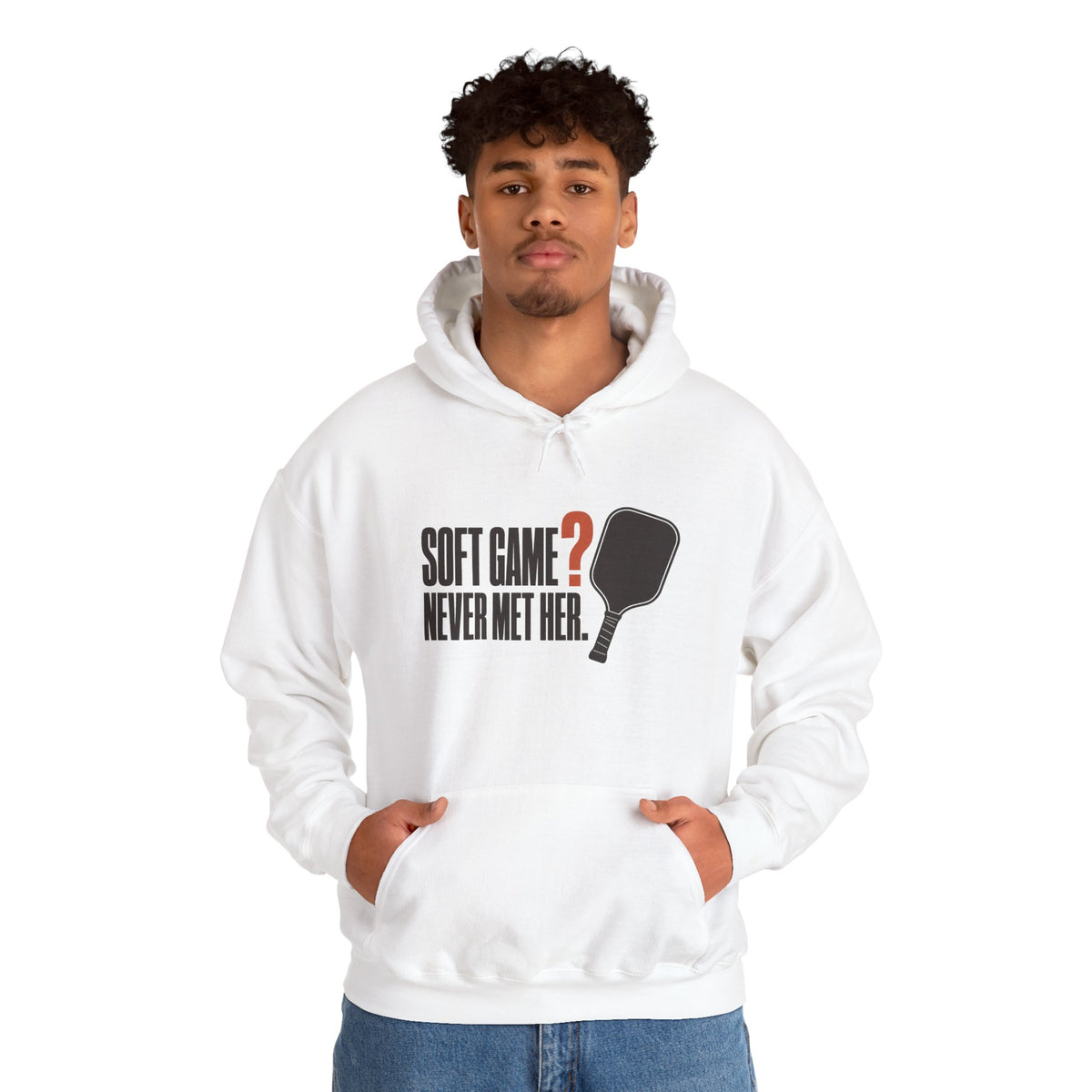 Soft Game? Never Met Her Hoodie - White - On Model Male