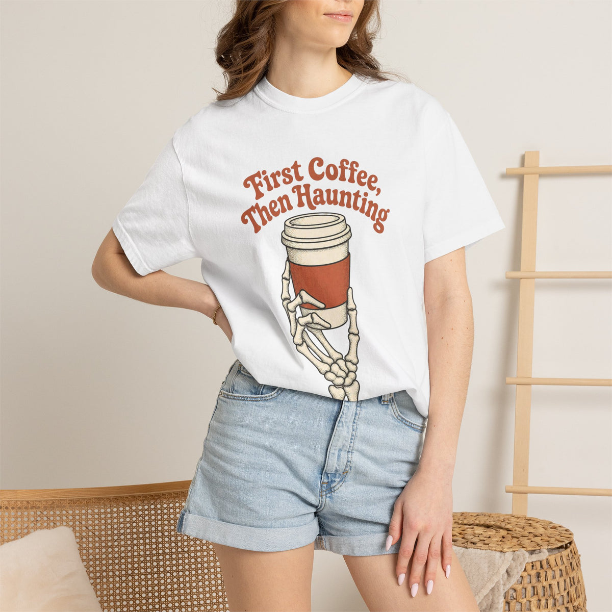 First Coffee Then Haunting T-Shirt - White - On Model Close-Up