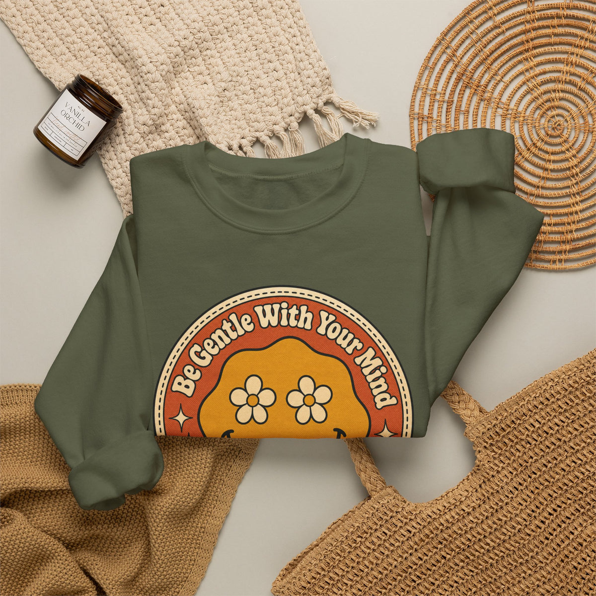 Be Gentle With Your Mind Sweatshirt - Military Green - flat lay