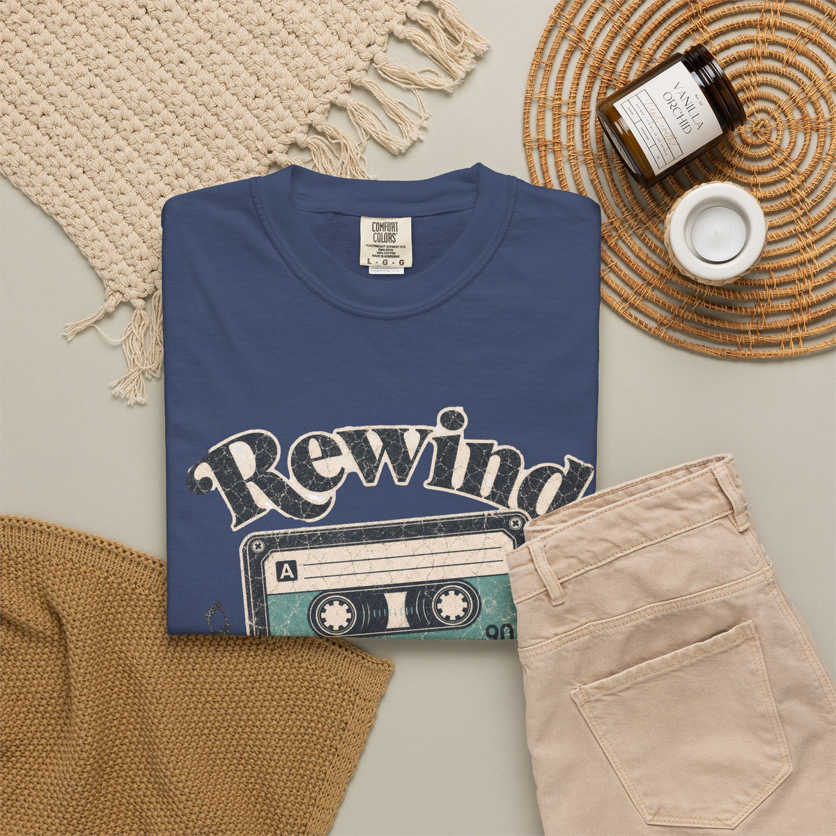 Retro Cassette Tape T-shirt - China Blue - Flat Lay