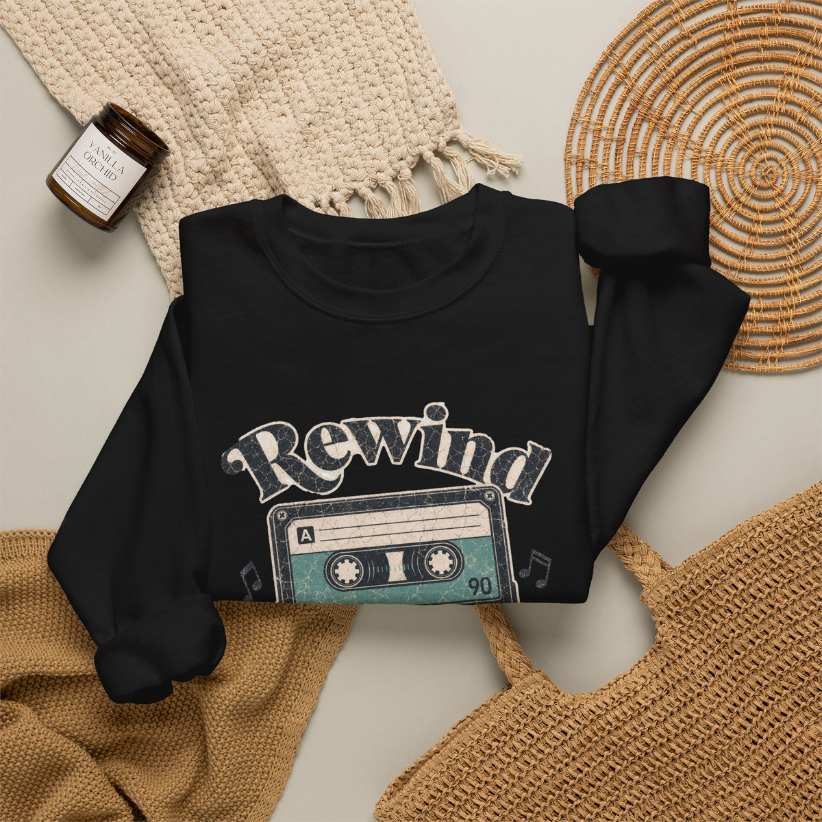 Retro Cassette Tape Sweatshirt - Black - Flat Lay