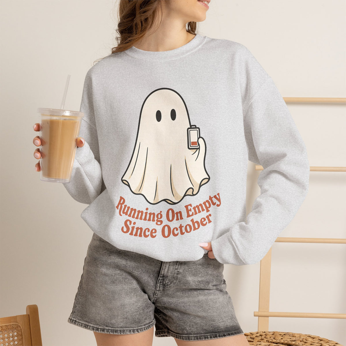 Running On Empty Since October Sweatshirt - Ash - On Model Female