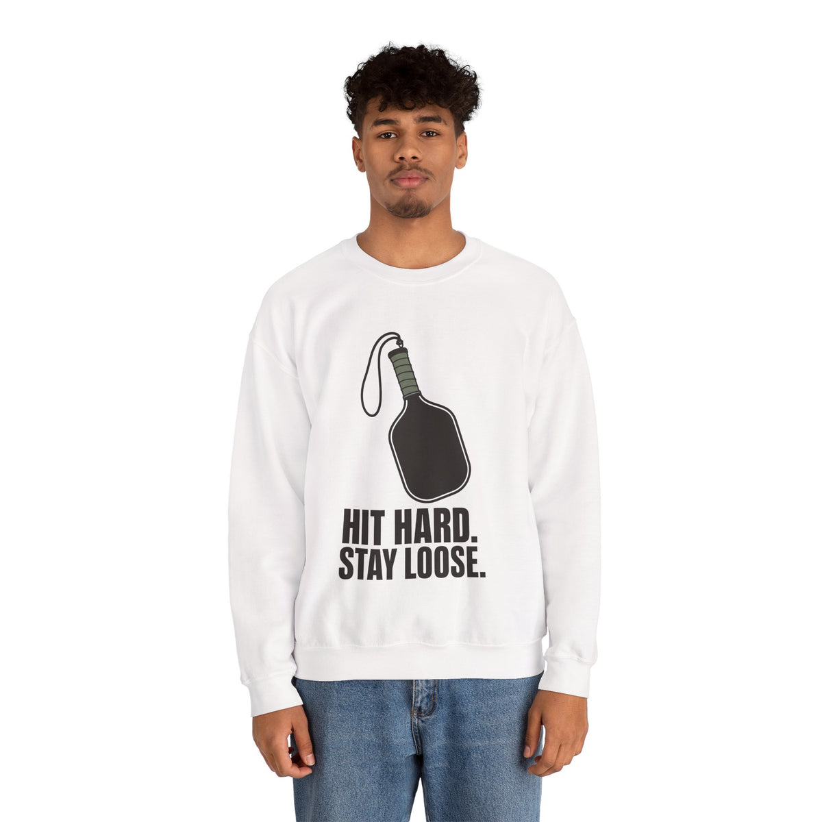 Hit Hard, Stay Loose Sweatshirt - White - On Model Male