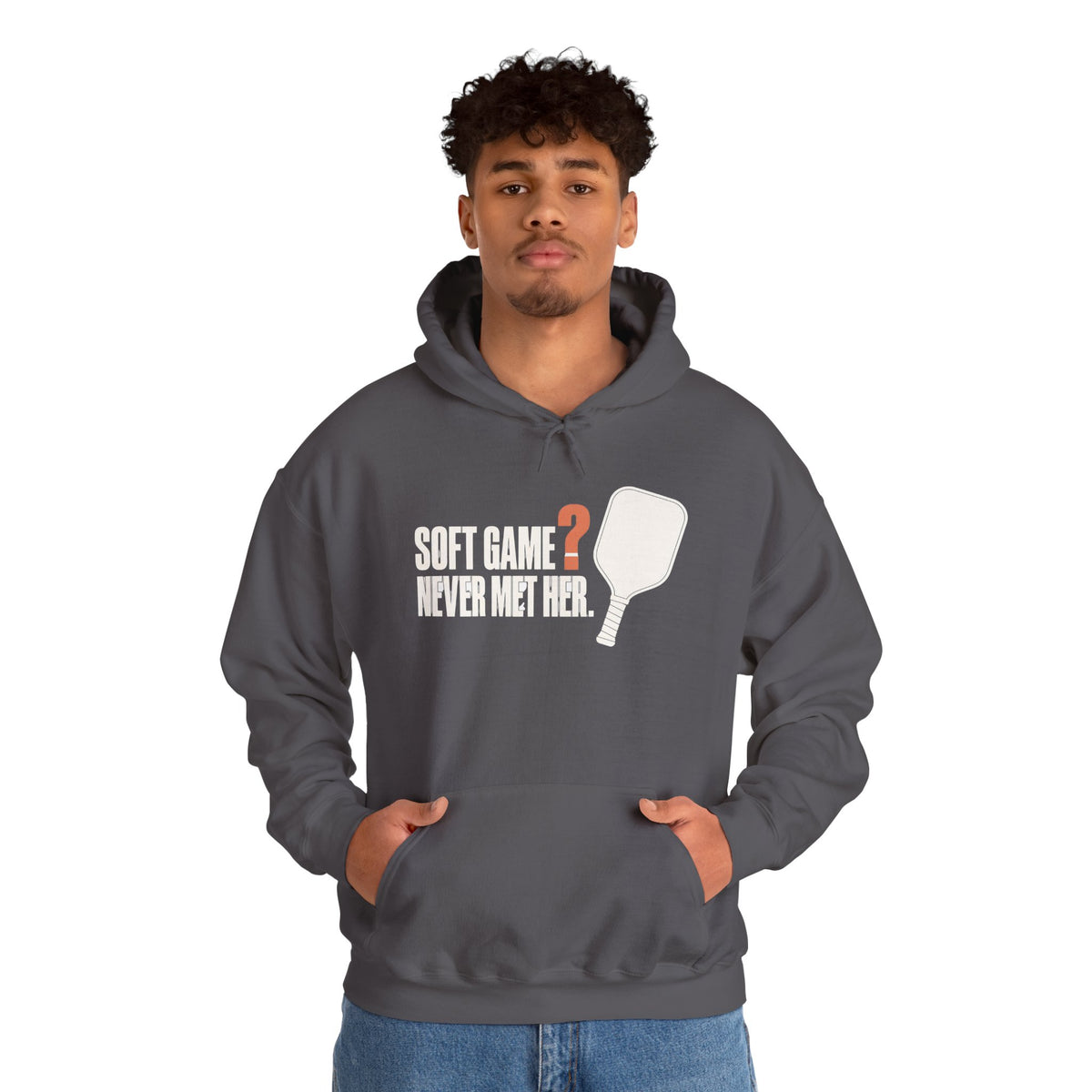 Soft Game? Never Met Her Hoodie - Charcoal - On Model Male