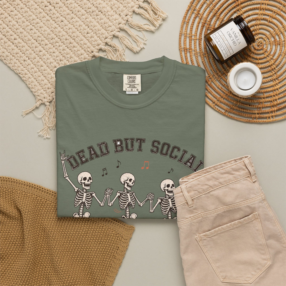 Dead But Social T-Shirt - Moss - Flat Lay