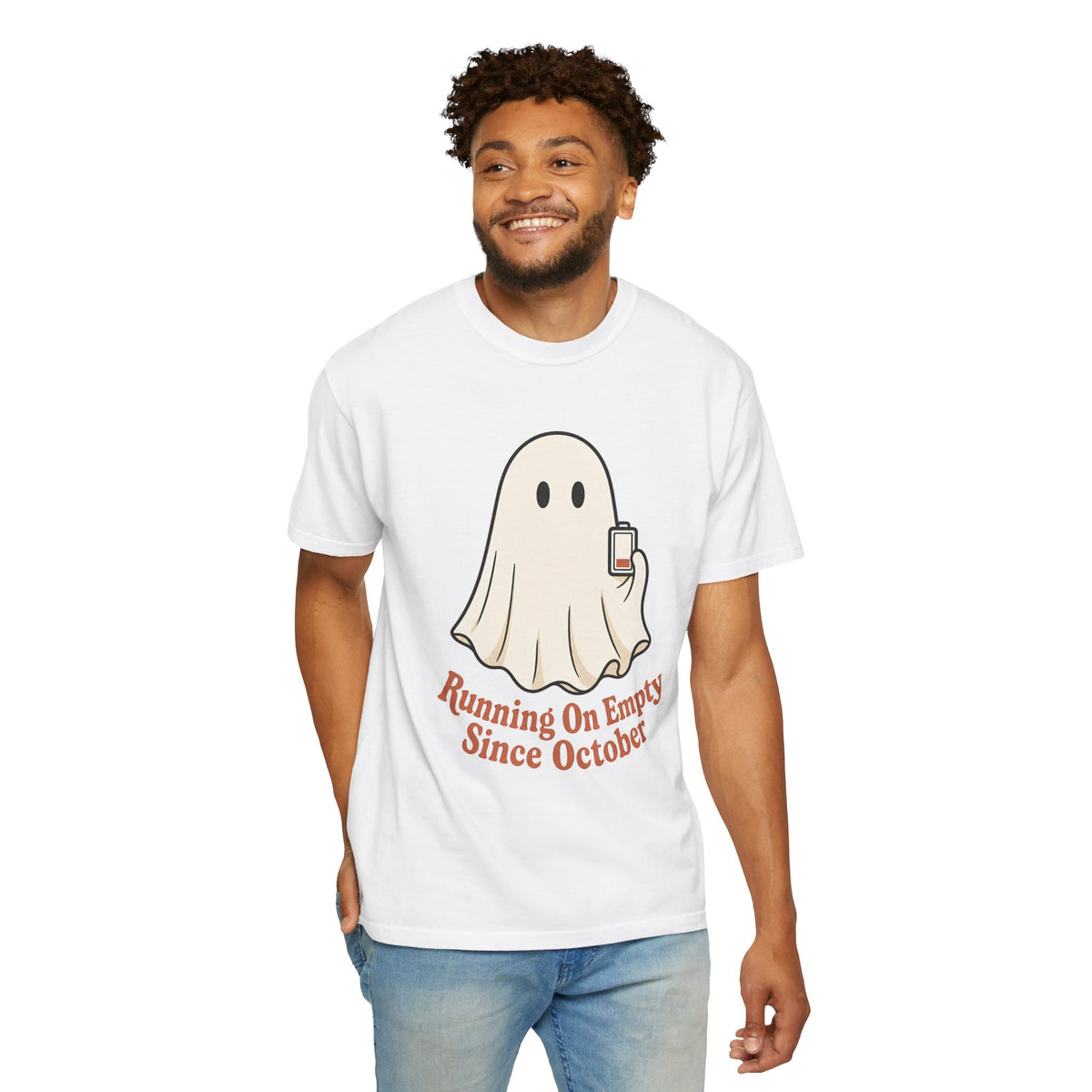 Running On Empty Since October T-Shirt - White - On Model Front