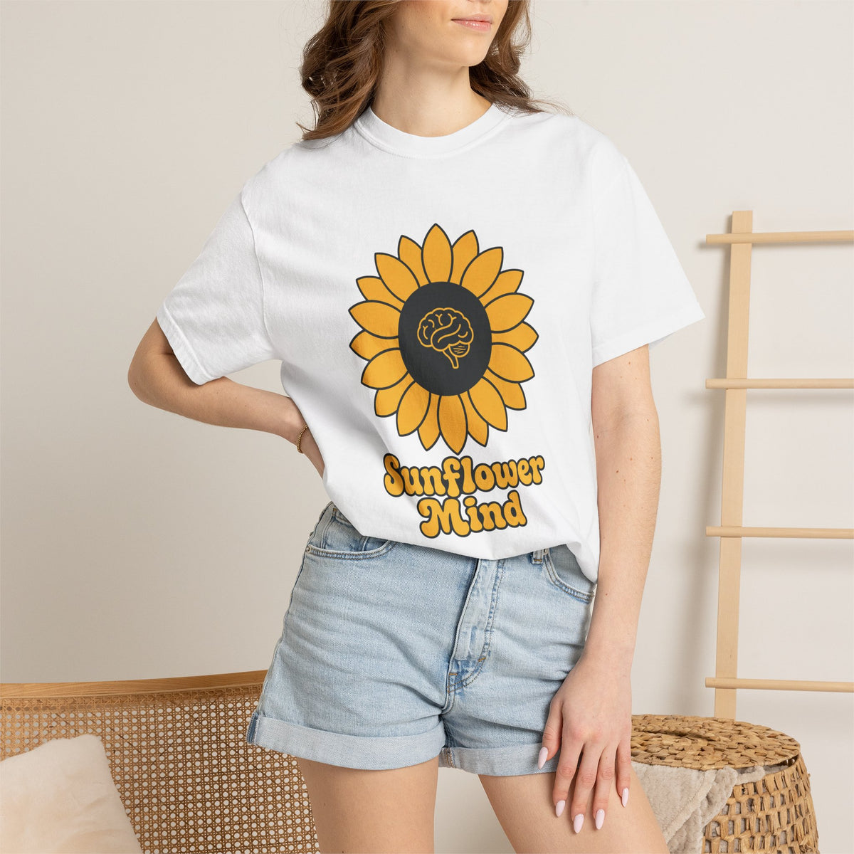 Sunflower Mind T-shirt - White - On Model Close-Up
