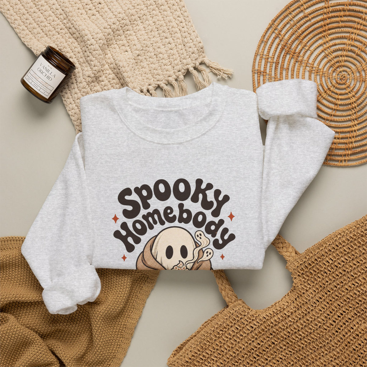 Spooky Homebody Ghost Sweatshirt - Ash - flat lay