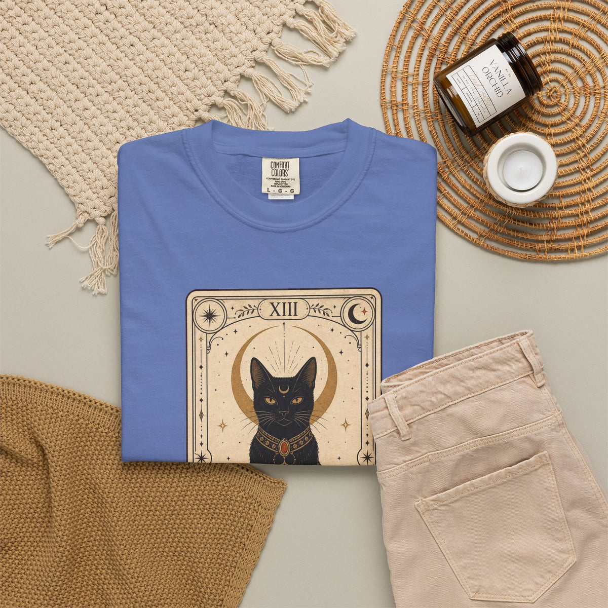 Black Cat Tarot Card T-shirt - Mystic Blue - Flat Lay