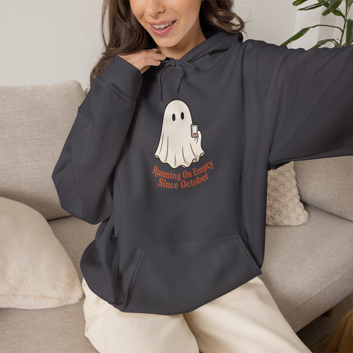 Running On Empty Since October Hoodie - Charcoal - On Model Female