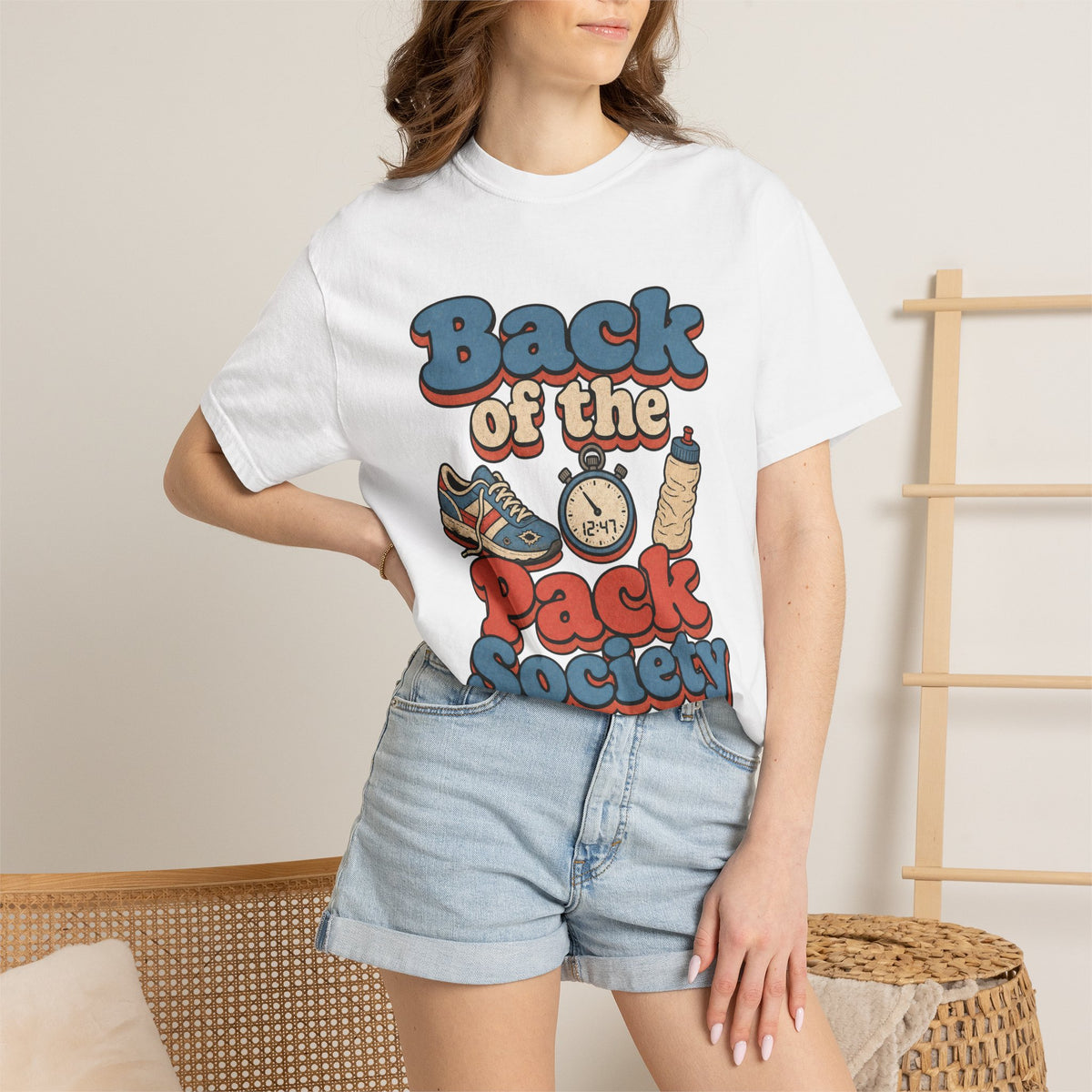 Back of the Pack Society T-shirt - White - on model close-up