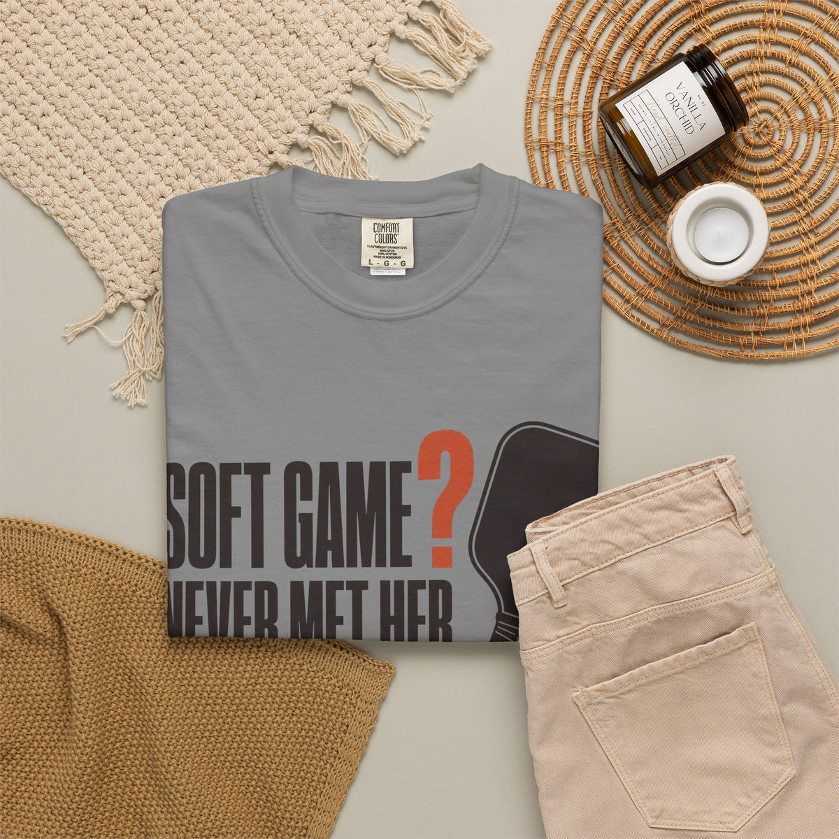 Soft Game? Never Met Her T-Shirt - Grey - Flat Lay