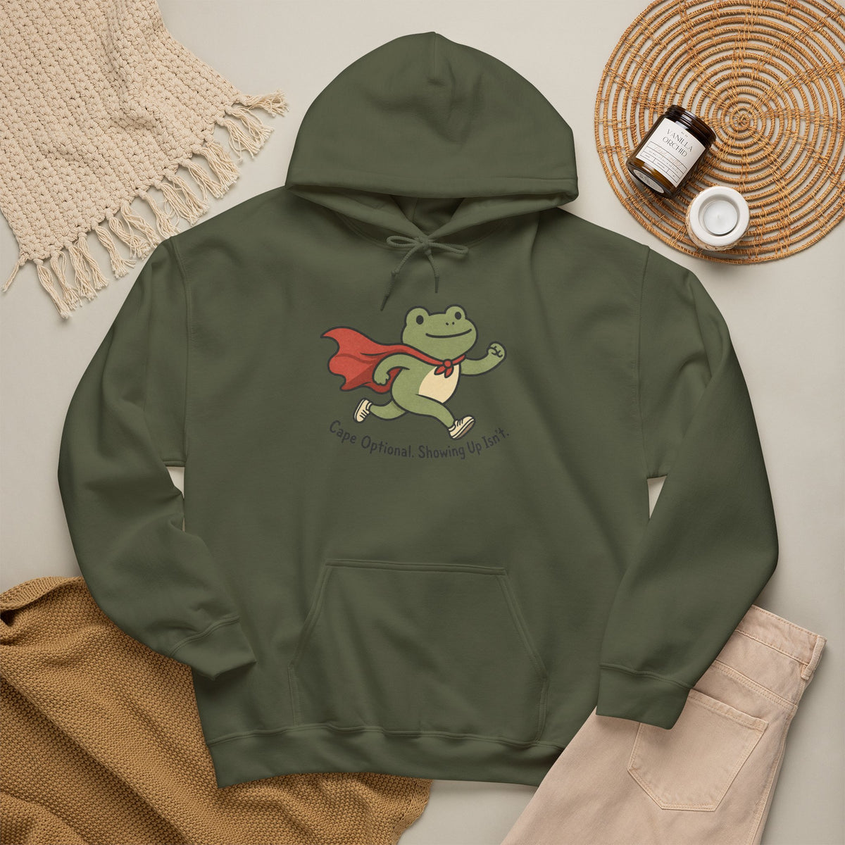 Superhero Frog running Hoodie - Military Green - flat lay