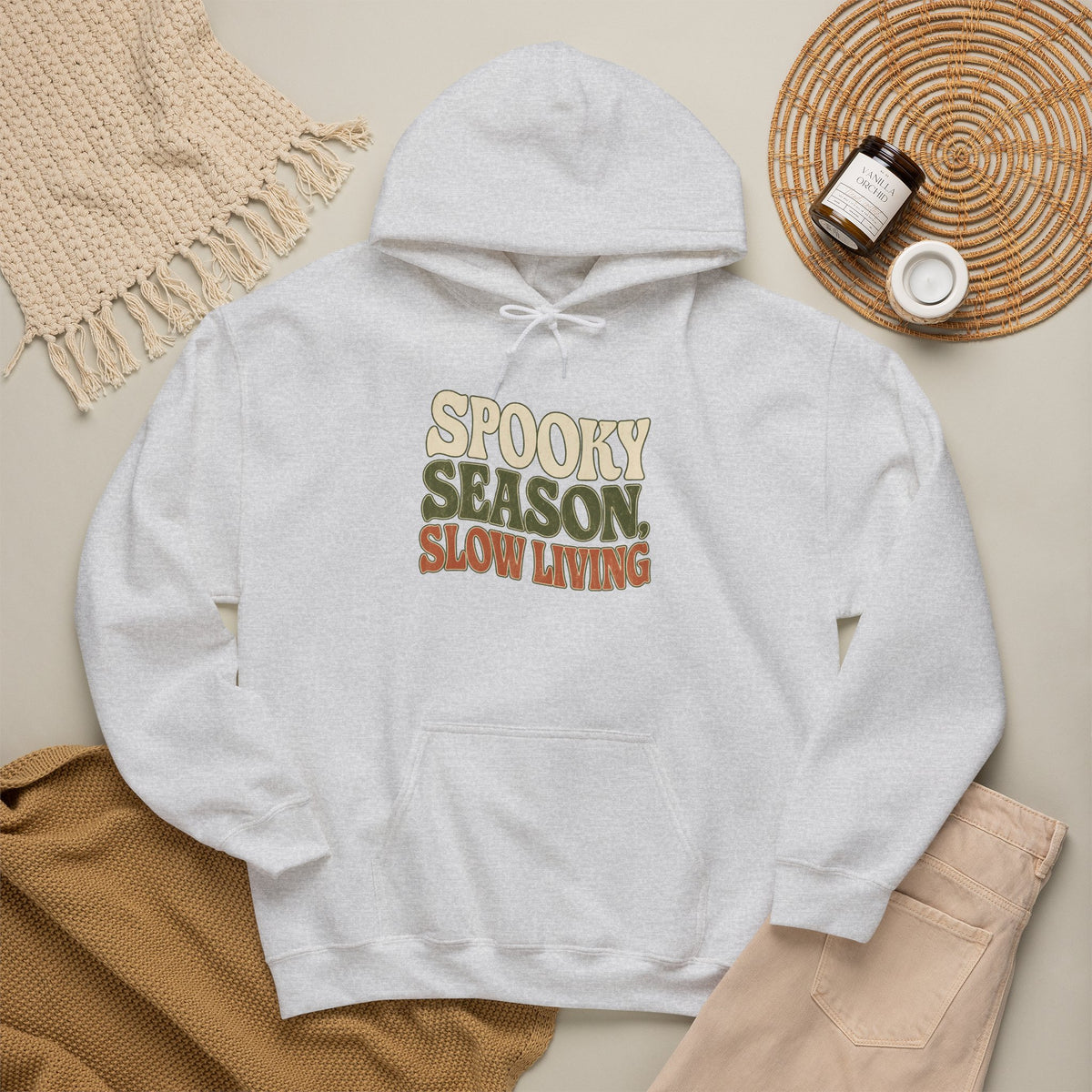 Spooky Season Slow Living Hoodie - Ash - Flat Lay