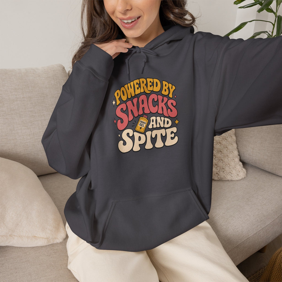 Powered by Snacks and Spite Hoodie - Charcoal - on model female