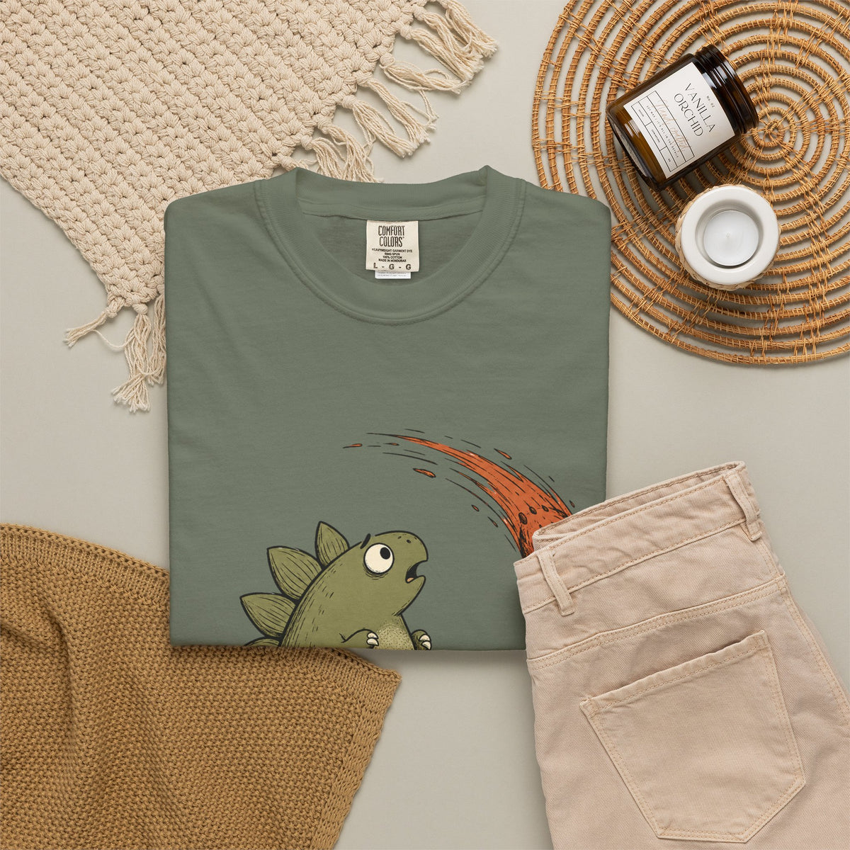 Emotionally I’m the Meteor Dinosaur T-shirt - Moss - Flat Lay