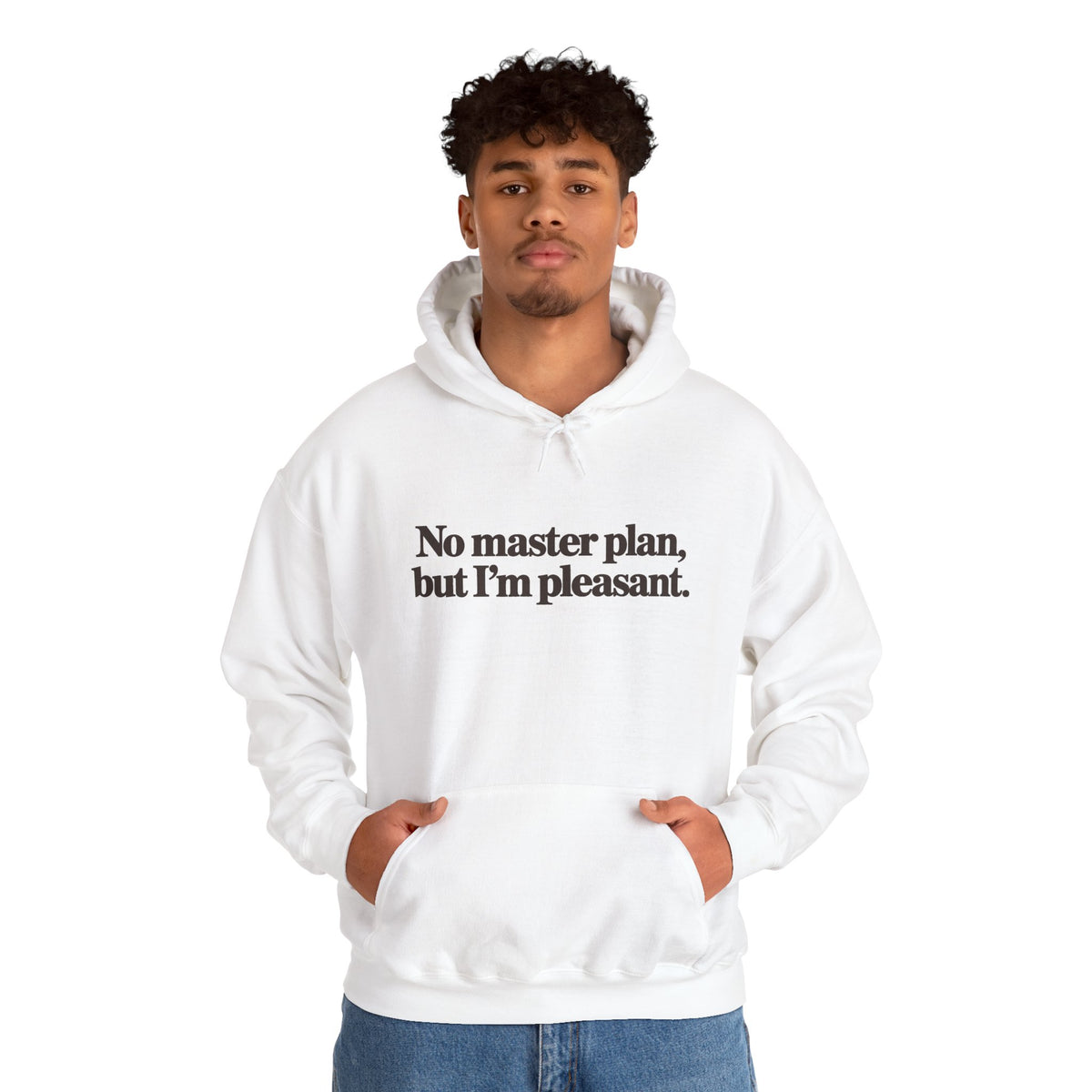 No Master Plan But I’m Pleasant Hoodie - White - On Model Male