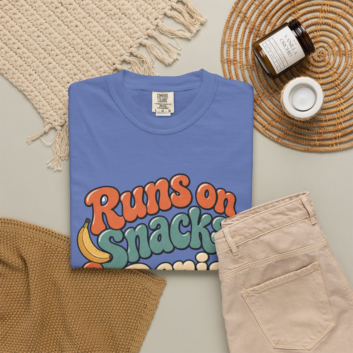 Runs on Snacks & Denial T-Shirt - Mystic Blue - Flat Lay