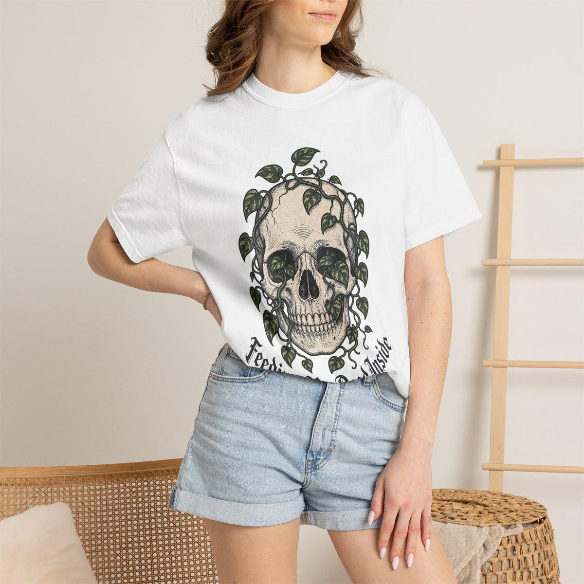 Skull with Ivy Leaves T-shirt - White - on model close-up
