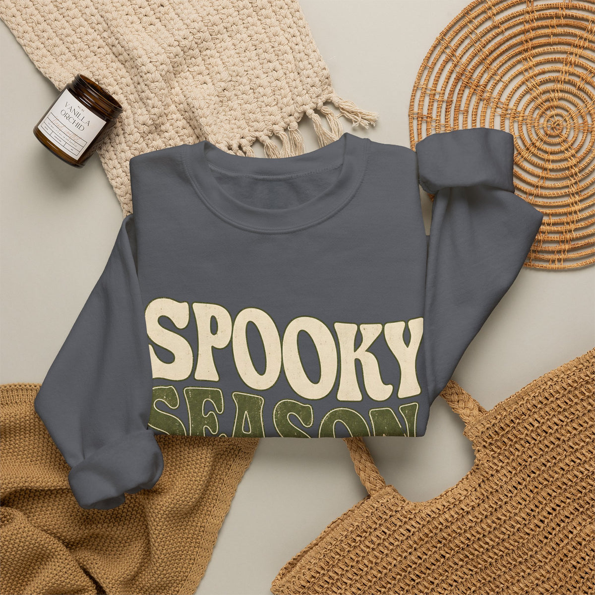 Spooky Season Slow Living Sweatshirt - Charcoal - Flat Lay