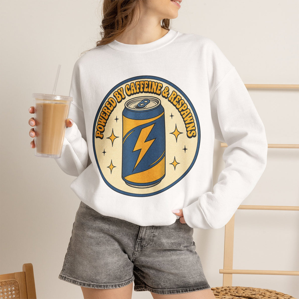 Caffeinated Energy Can Sweatshirt - White - On Model Female