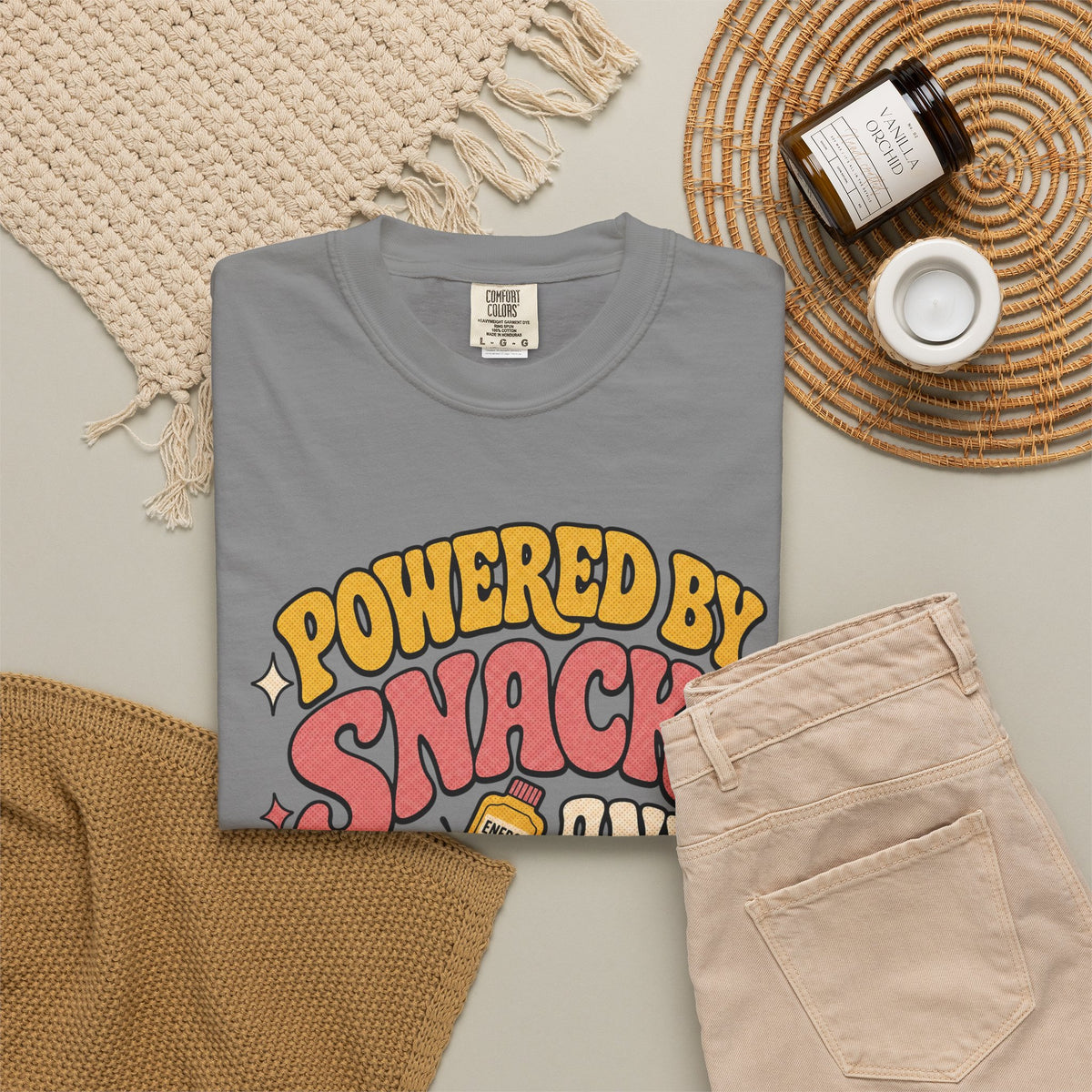 Powered by Snacks and Spite T-shirt - Grey - Flat Lay