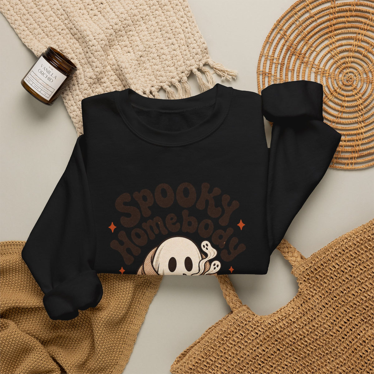 Spooky Homebody Ghost Sweatshirt - Black - Flat Lay