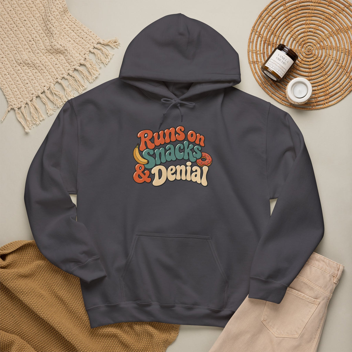 Runs on Snacks & Denial Hoodie - Charcoal - flat lay