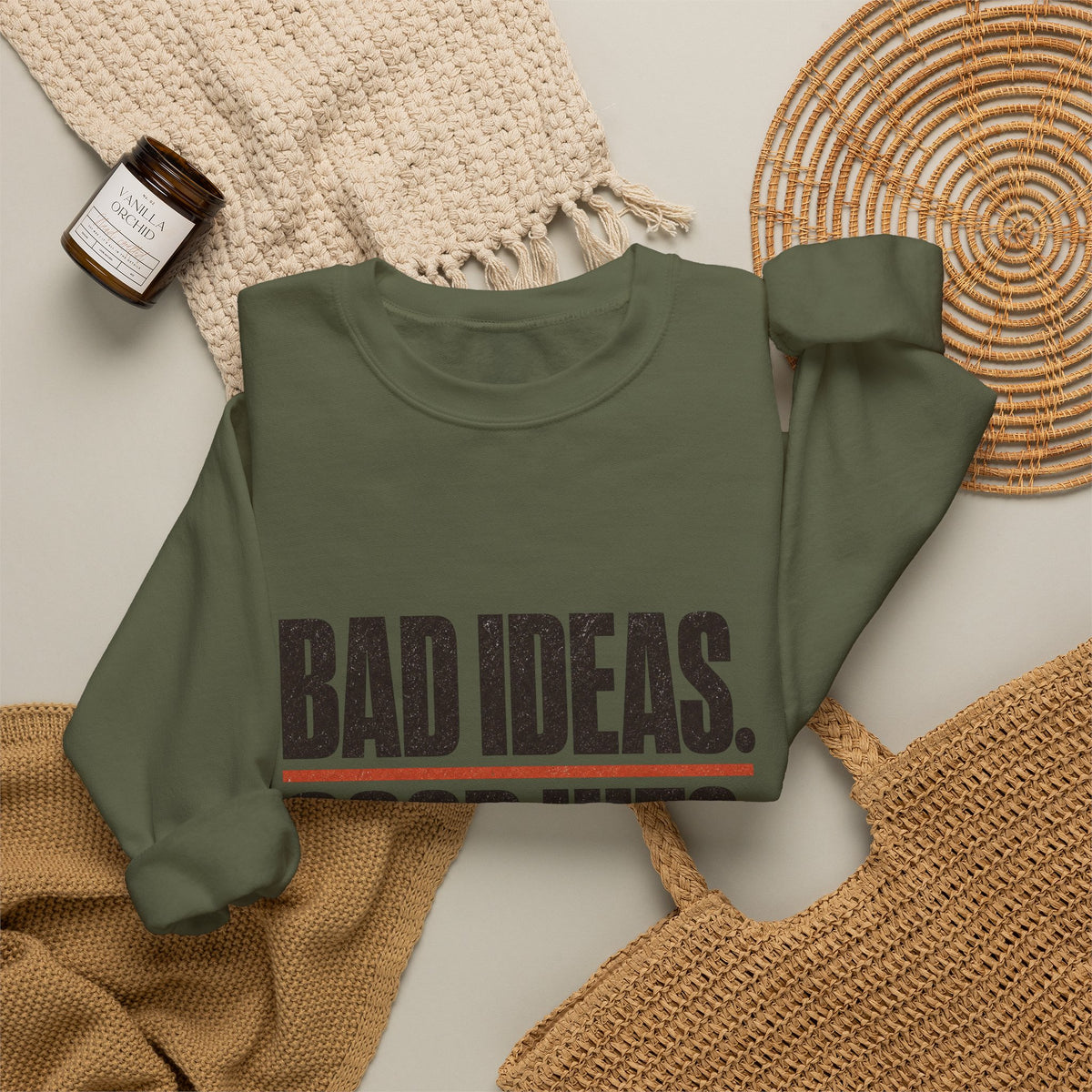 Bad Ideas. Good Hits. Sweatshirt - Military Green - Flat Lay