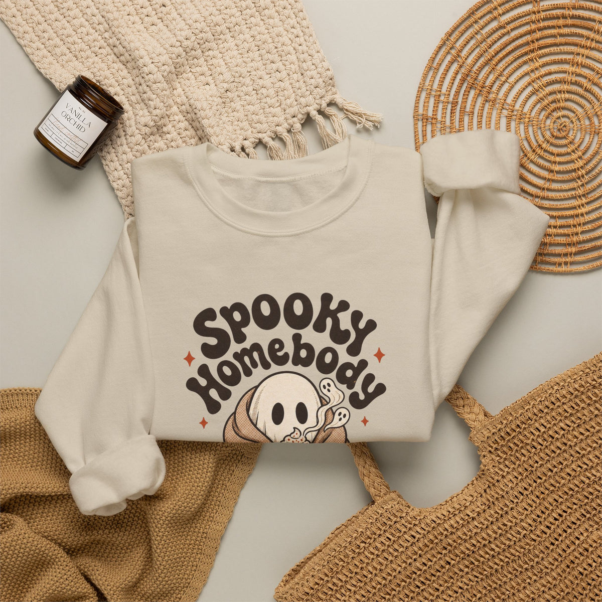 Spooky Homebody Ghost Sweatshirt - Sand - flat lay