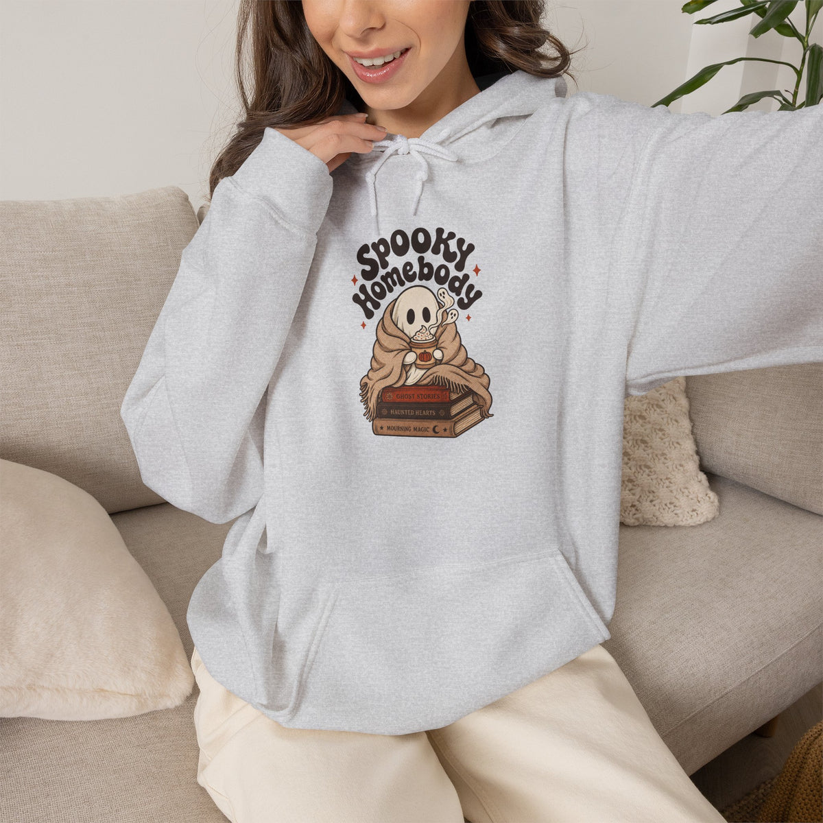 Spooky Homebody Ghost Hoodie - Ash - on model female