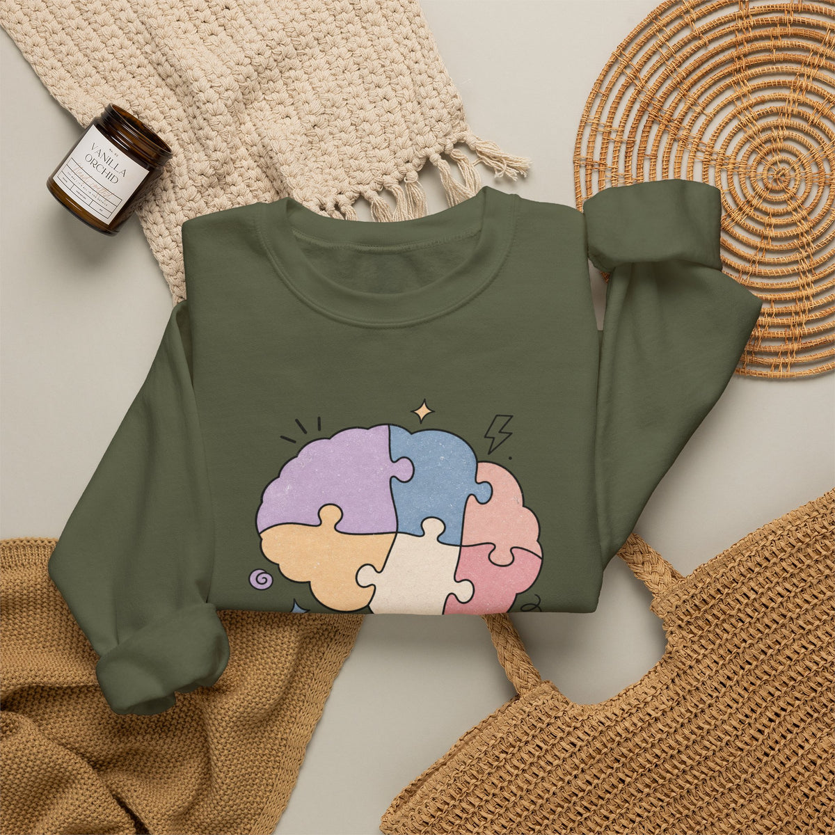 My Brain Has 47 Tabs Open Sweatshirt - Military Green - Flat Lay