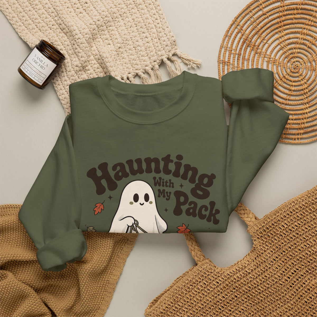 Haunting With My Pack Sweatshirt - Military Green - flat lay
