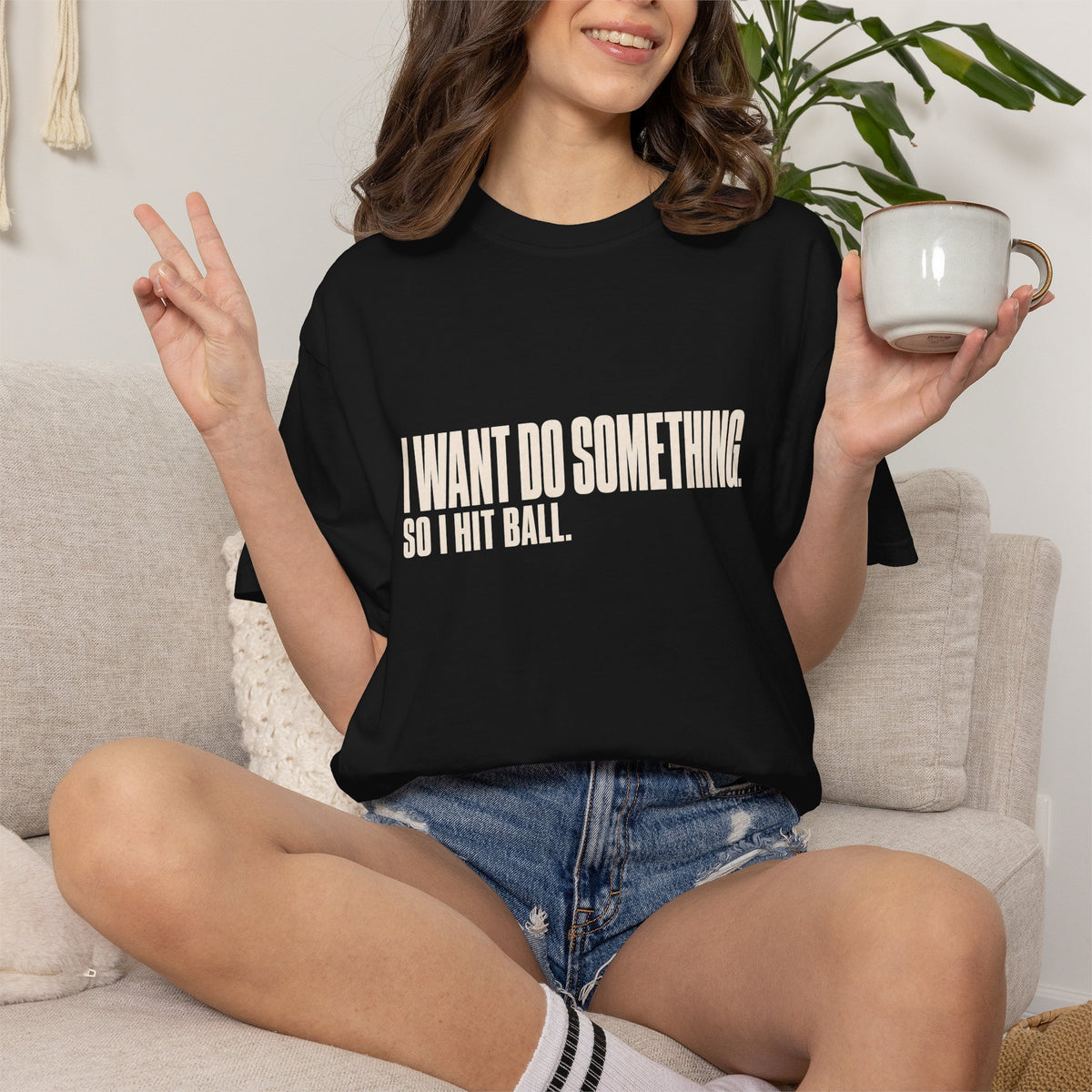 I Want Do Something So I Hit Ball T-Shirt - Black - On Model Female