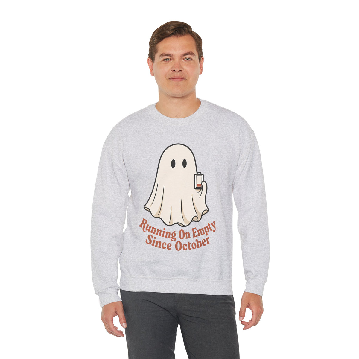 Running On Empty Since October Sweatshirt - Ash - On Model Male