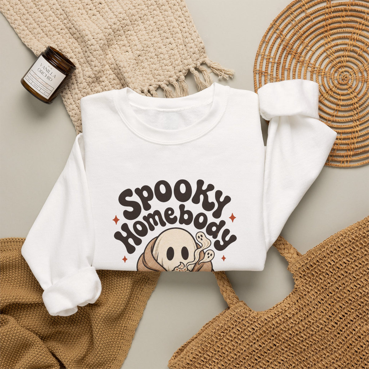 Spooky Homebody Ghost Sweatshirt - White - flat lay
