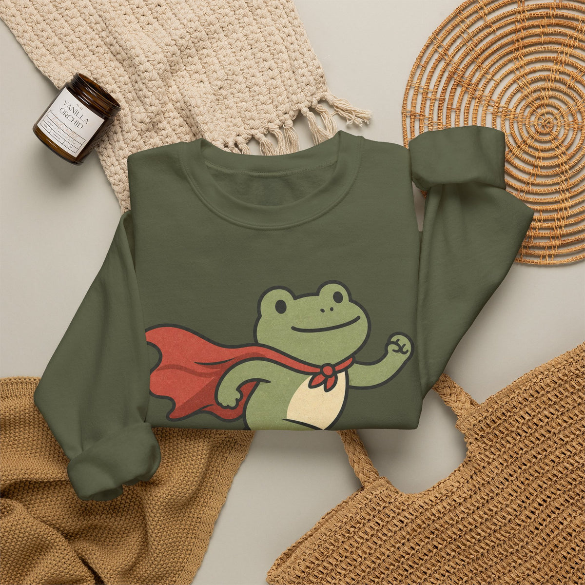 Superhero Frog running Sweatshirt - Military Green - Flat Lay
