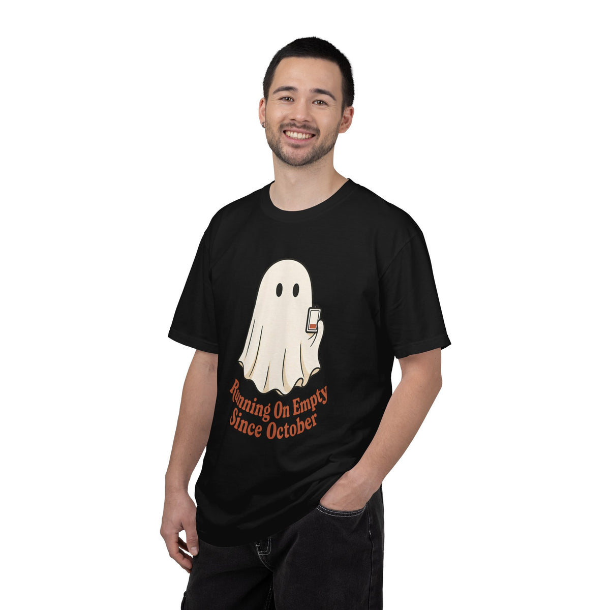 Running On Empty Since October T-Shirt - Black - On Model Male