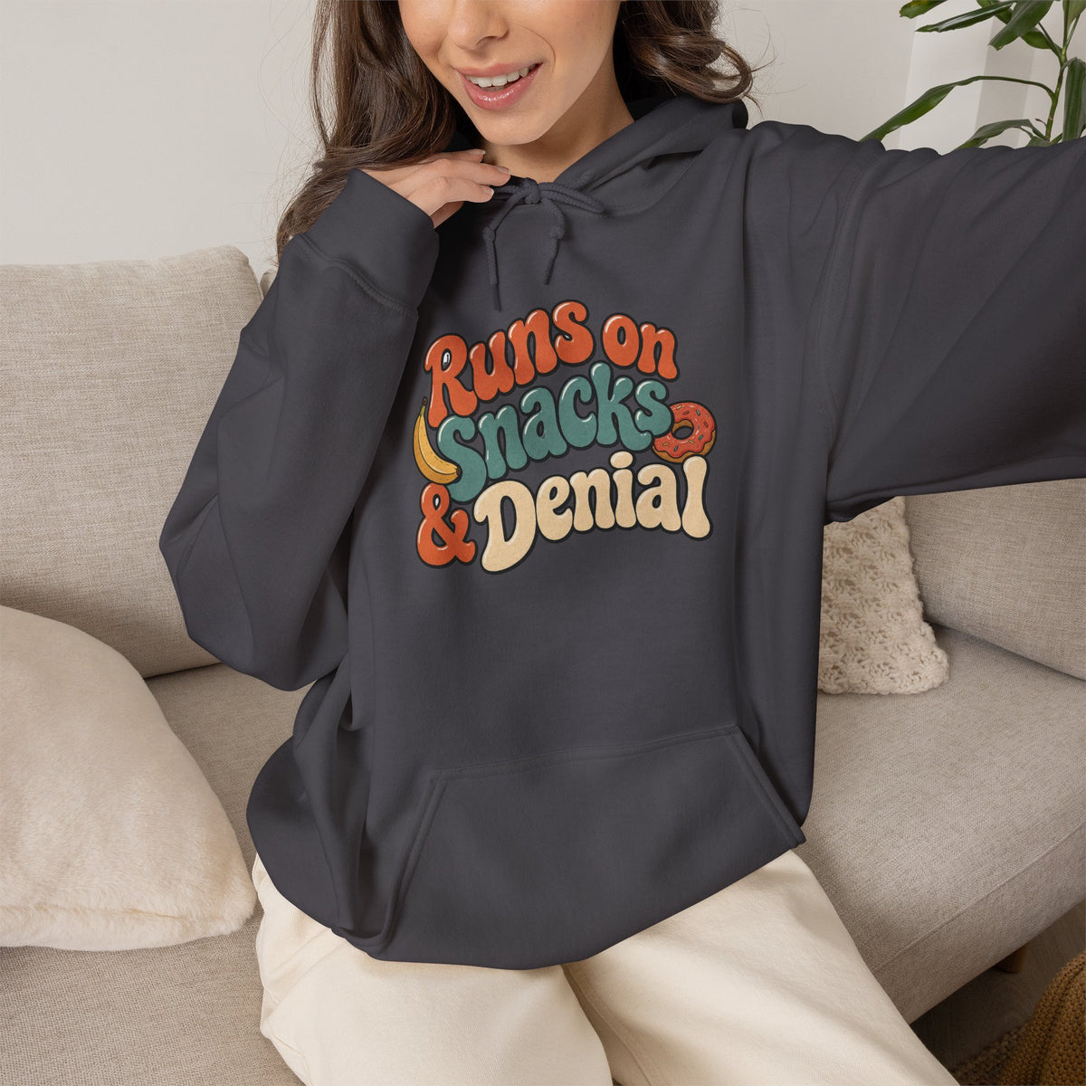 Runs on Snacks & Denial Hoodie - Charcoal - on model female