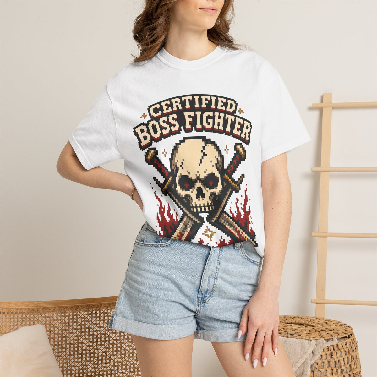 Certified Boss Fighter T-shirt - White - On Model Close-Up