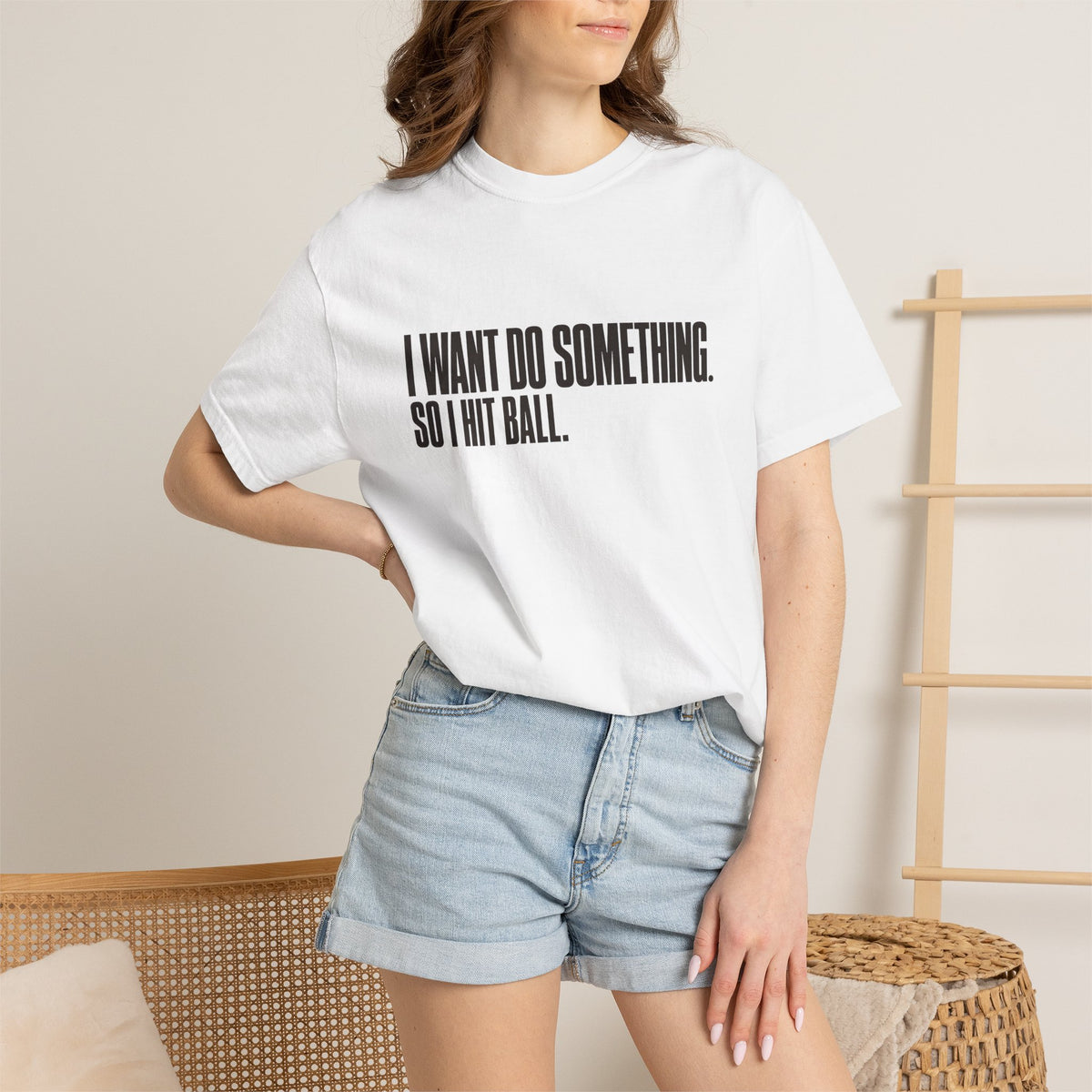 I Want Do Something So I Hit Ball T-Shirt - White - On Model Close-Up