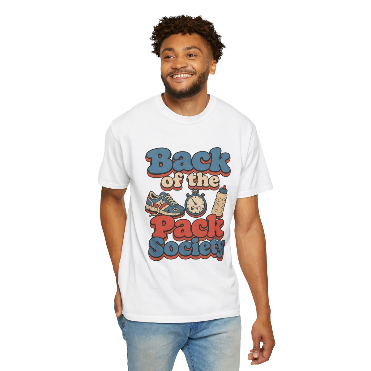 Back of the Pack Society T-shirt - White - on model front