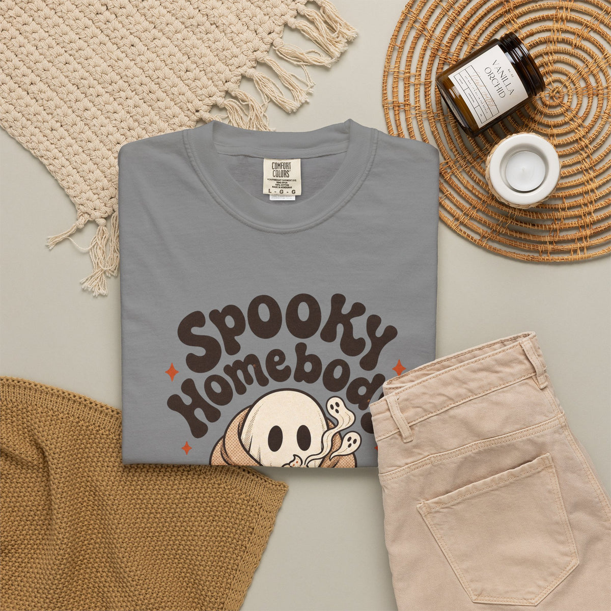 Spooky Homebody Ghost  T-Shirt - Grey - flat lay