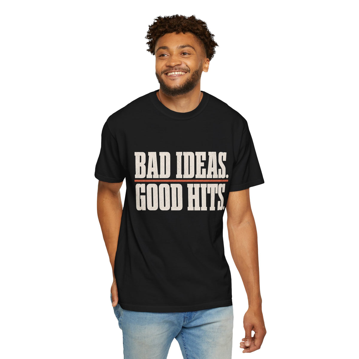 Bad Ideas. Good Hits. T-Shirt - Black - On Model Front