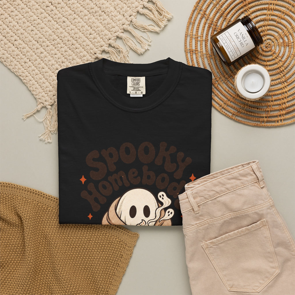 Spooky Homebody Ghost  T-Shirt - Black - flat lay