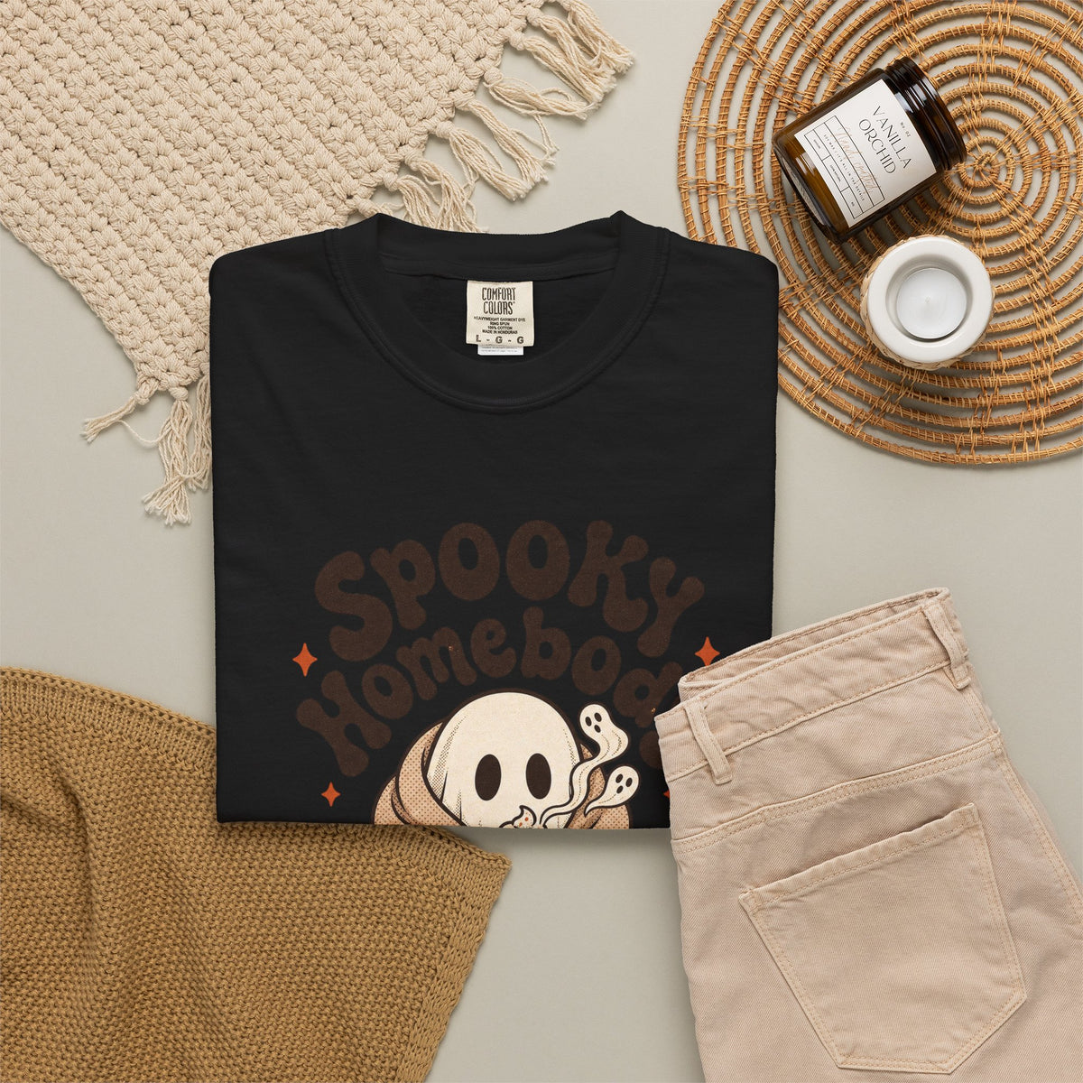 Spooky Homebody Ghost  T-Shirt - Black - flat lay