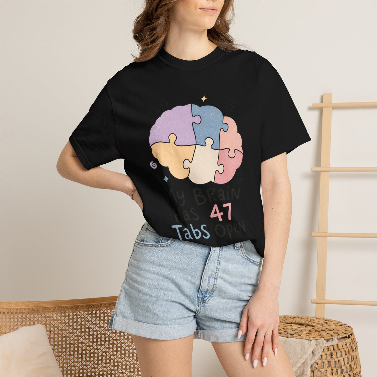 My Brain Has 47 Tabs Open T-Shirt - Black - On Model Close-Up
