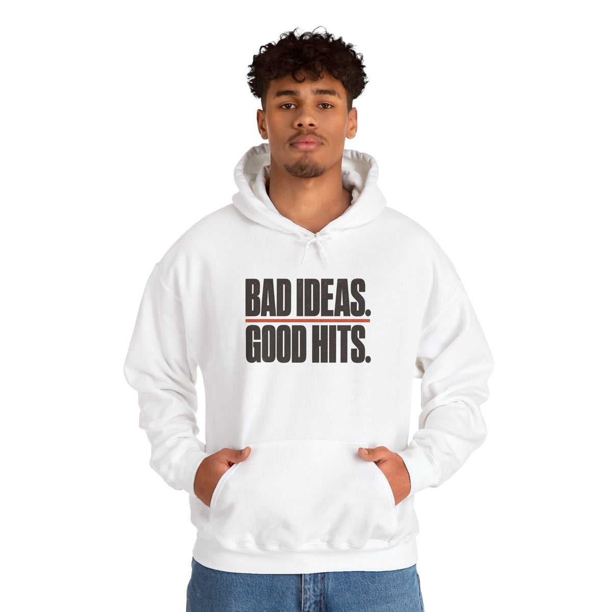 Bad Ideas. Good Hits. Hoodie - White - On Model Male