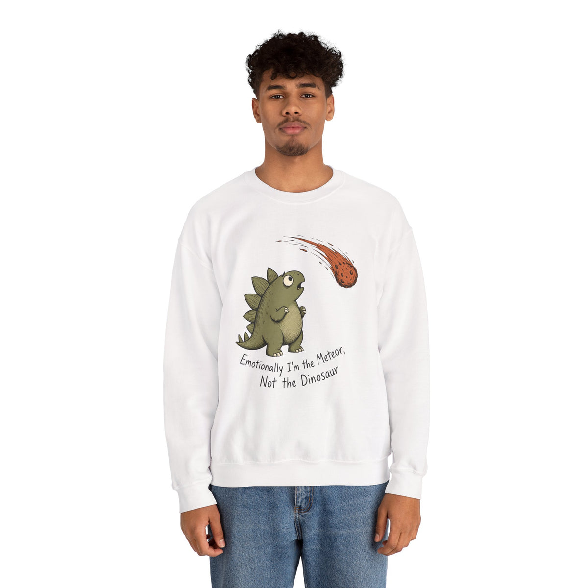 Emotionally I’m the Meteor Dinosaur Sweatshirt - White - On Model Male
