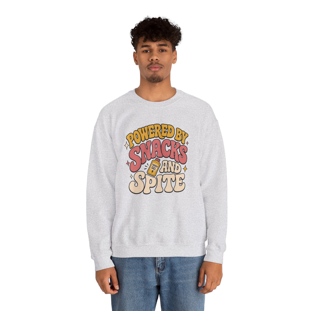 Powered by Snacks and Spite Sweatshirt - Ash - on model female